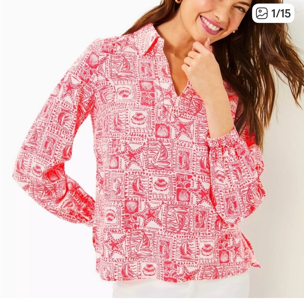 New LILLY PULITZER Skipper Popover UPF 50 Mizner Red Seaside Harbour size XL